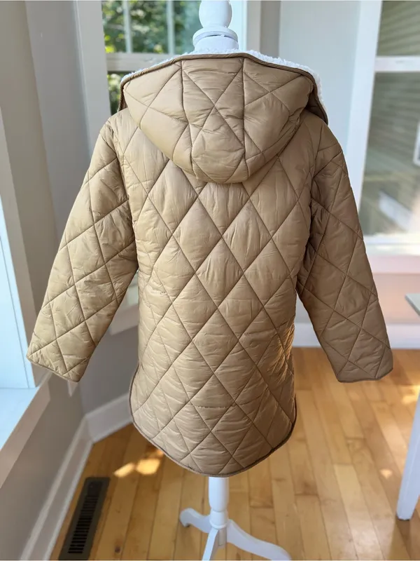 Abercrombie & Fitch Quilted Tan Puffer Jacket with White Sherpa Collar Sz Small - Image 12