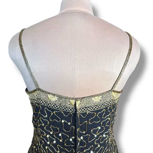 Vintage Beaded Black Gold Drop Waist Metallic Sequin Cocktail Dress Sleeveless 4 - Image 7