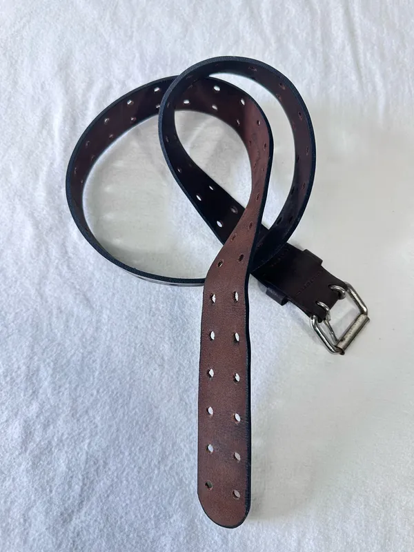 Leather Belt Size L Brown Double Prong Silver Buckle Waist Band Unisex Western - Image 2