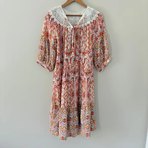 Anthropologie Lounge Dress Florence Floral Lace XS Boho Tiered Puff Sleeve - Image 6