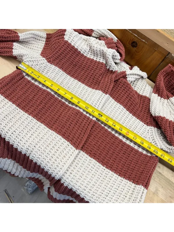 POL Striped Hooded Open Cardigan Sweater Rust Cream Size Small Cozy Boho - Image 13