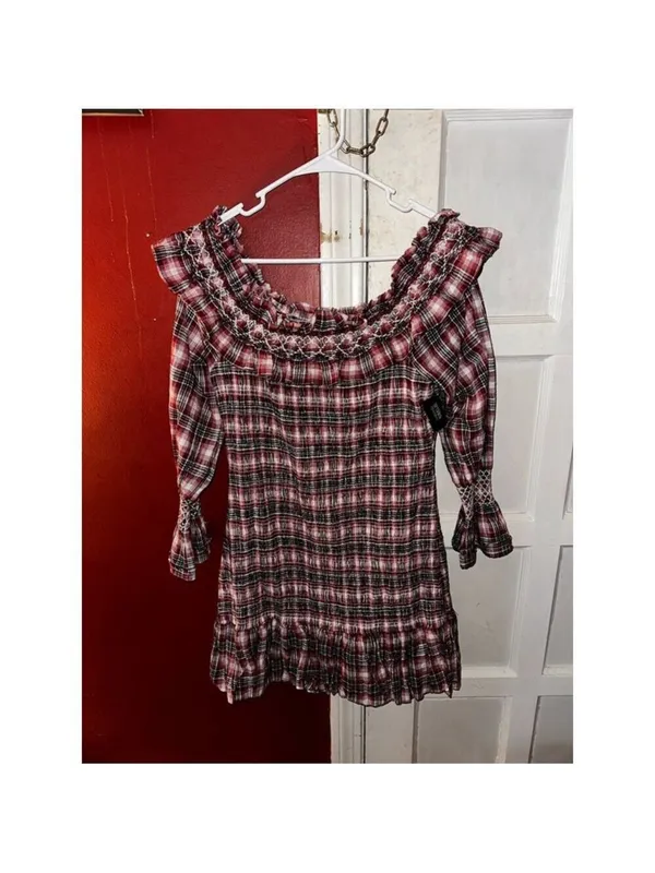 Anthropologie Pilcro Smocked Plaid Off-Shoulder Ruffle Mini Dress M Red White - Image 10