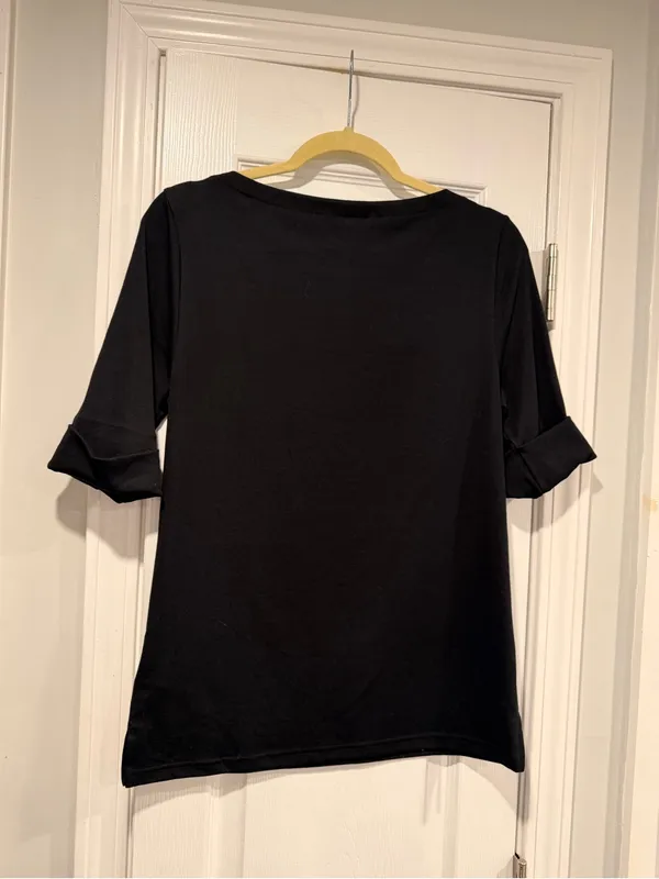 NWOT LRL Ralph Lauren Size L Black Top Cuffed Short Sleeve Stretch Classic Logo - Image 9