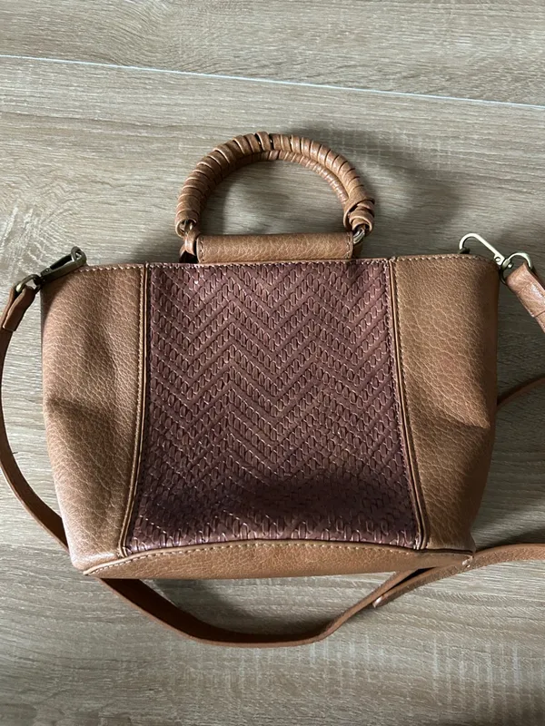 Anthropologie Tan faux Leather Woven-Accent Satchel with Strap - Image 6