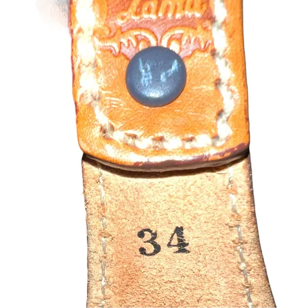 Tony Lama tan leather tooled belt with silver etched design buckle! New!!! - Image 7