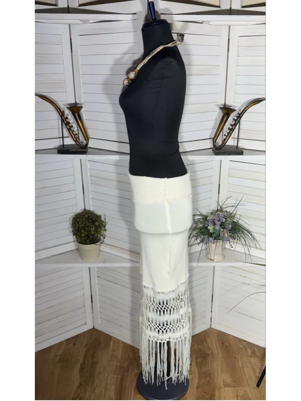 Vintage Y2K cotton knit dress strapless fringes boho coquette coastal cowgirl S - Image 12