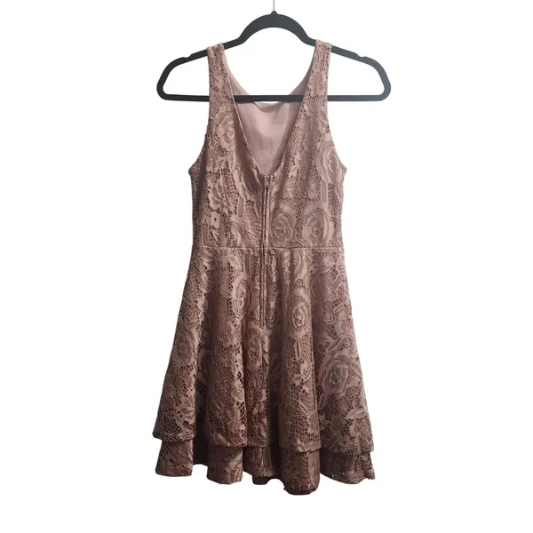 Pink Lace Fit Flare‎ Dress XS Sleeveless Ruffle Hem Party - Image 3
