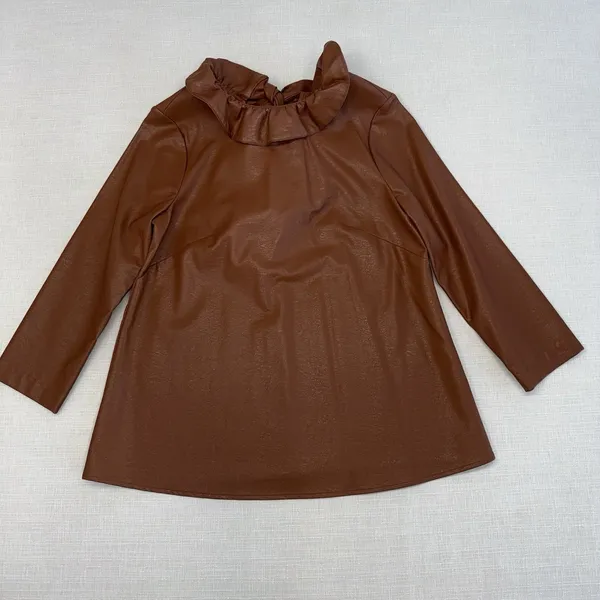 Tuckernuck Brown Coated Ruffle Neck Bow Back Blouse 3/4 Sleeve S - Image 11