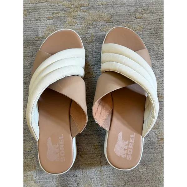 Sorel Cameron Wedge Flatform Sandals Womens 8 Tan Cream Slip On - Image 3