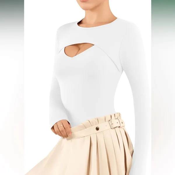 Sexy Front Cutout Long Sleeve Bodysuit for Women Round Neck Body Suit NWT - Image 2