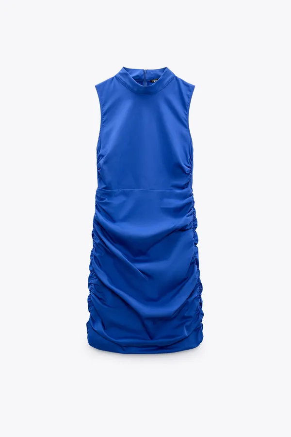Dress Wedding cobalt blue ruched stretch poplin mini dress - Image 5