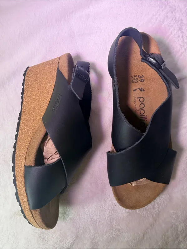 Papillio Black Leather Cork Wedge Sandals Size 8 - Image 5