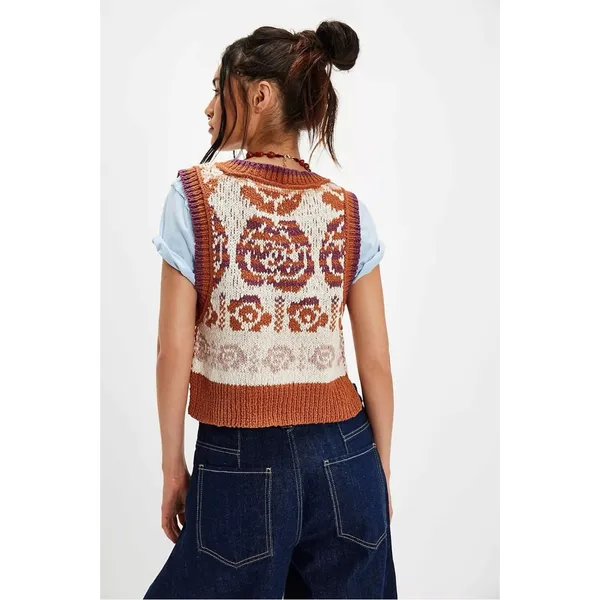 Free People Notes Of Rose Sweater Vest Neutral Combo Small NWT Bohemian Preppy - Image 2