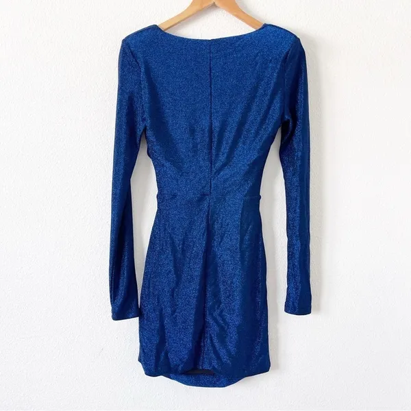 Meshki Blue Glitter Cut Out Long Sleeve Glam Party Club Bodycon Mini Dress - Image 8
