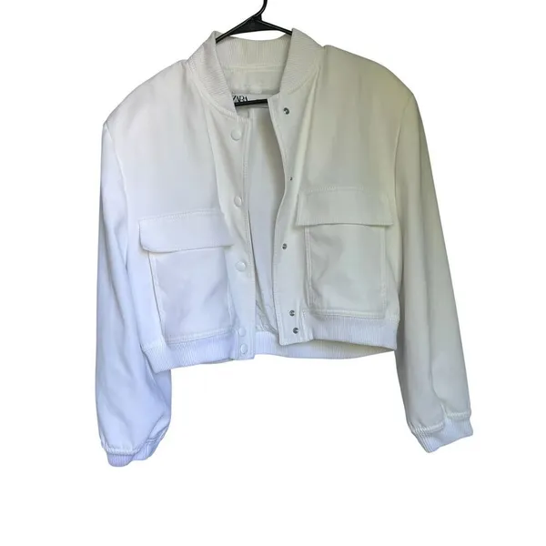 Zara Cream Linen Blend Snap Button Mock Neck Cropped Bomber Varsity Jacket L - Image 2