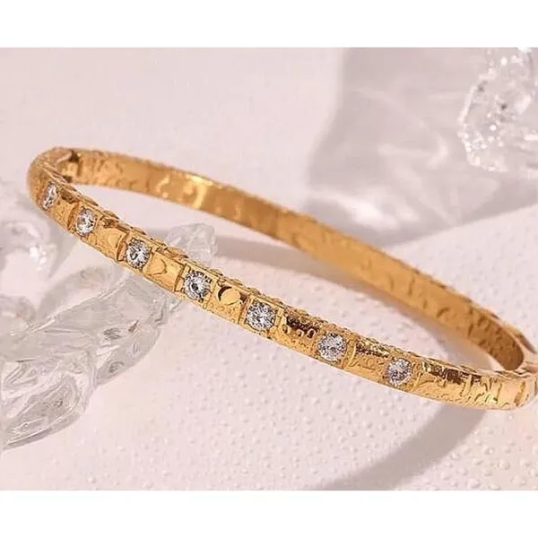 NEW Elegant Gold Plated 316L Bangle‎ Bracelet Square Simulated Diamonds, 6-9” - Image 2