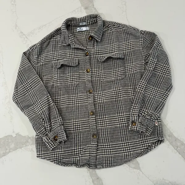 Hollister Boyfriend Fit Houndstooth ButtonUp Flannel Shirt Womens Small Gray/Tan - Image 2