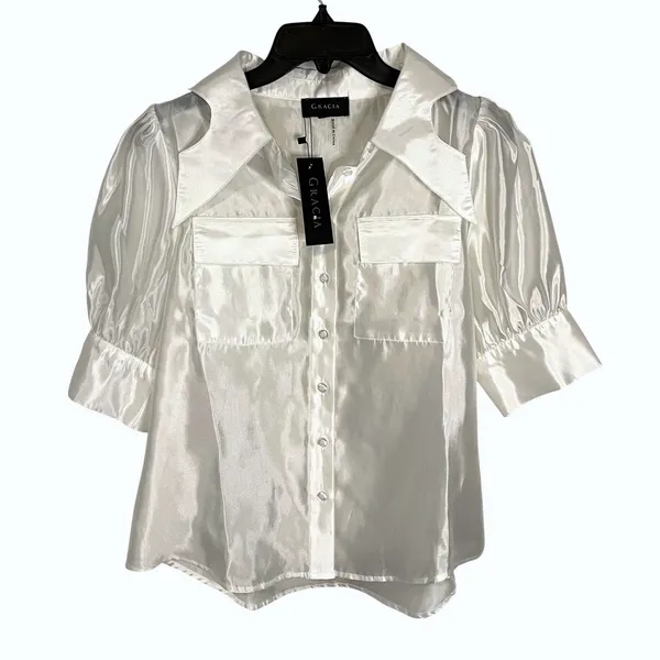 Gracia Satin Button Down Blouse Women Medium White Chic Puff Sleeve Collared Top - Image 2