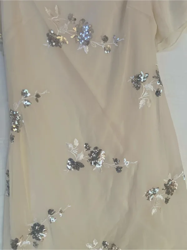 Cream Midi Dress with Silver Sequin Floral Embellishments, Ruffled Hem, Medium. - Image 3