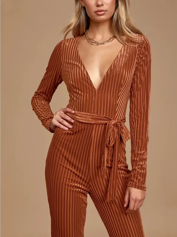 Striking a Pose Rust Orange Velvet Striped Long Sleeve Jumpsuit Size Small - Image 5