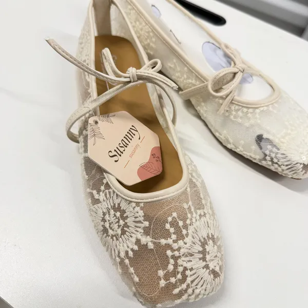 Susanny‎ Airy Lace White Ballerina Flats Square Toe Mary Jane Mesh Sequins 6.5 - Image 2