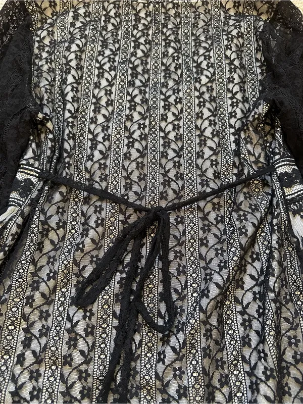 Vintage Black Lace Mesh Babydoll Top Sheer Sleeves Tie Back Y2K Goth Dark Fairy - Image 5