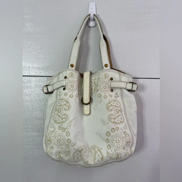 Y2K Lucky Brand White Paisley Print Leather Tote Bag Purse - Image 2