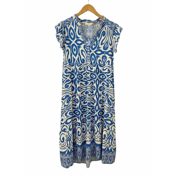 Umgee USA Blue‎ White Ikat Damask Ruffle Sleeve Midi Babydoll Dress Large B8620 - Image 3