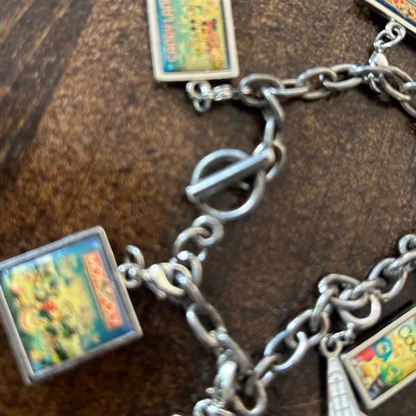 Vintage 80s 90s Mickey Mouse Monopoly Candyland Nasa Charm Bracelet Silver Chain - Image 9