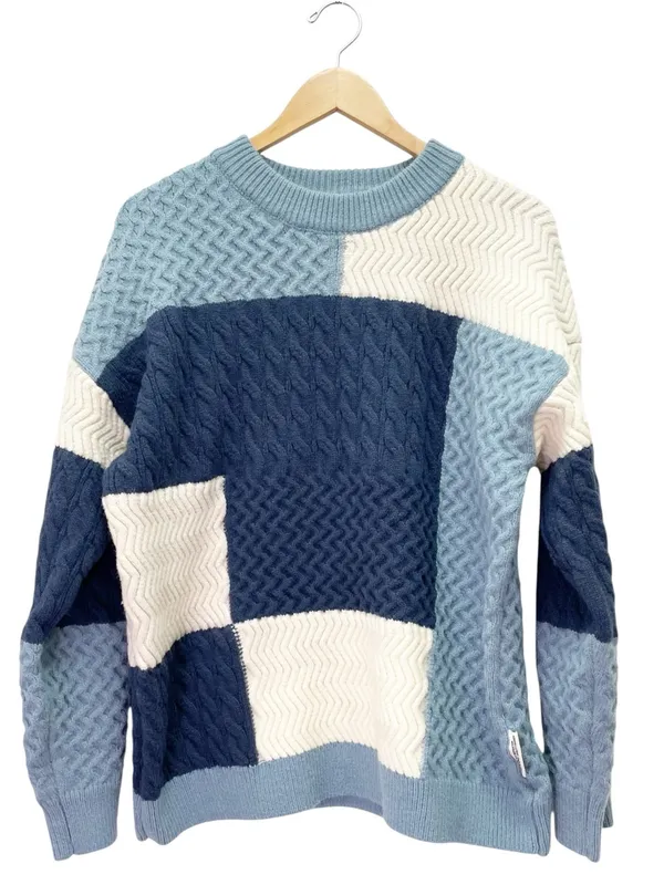 Aelfric Eden Sz XL Patchwork Cable Knit Sweater Blue Cream Colorblock Crewneck - Image 2