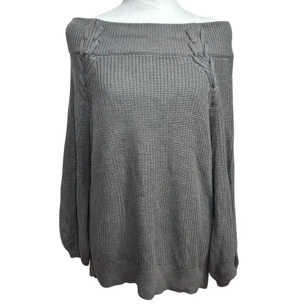NY & Co Soho Jeans Sweater Gray Off Shoulder Cable Knit Boho Minimalist Casual M - Image 2