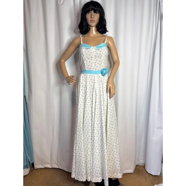 Vintage 1960s White Blue Floral Prairie Maxi Dress XS/S Talon Zip Circular - Image 11