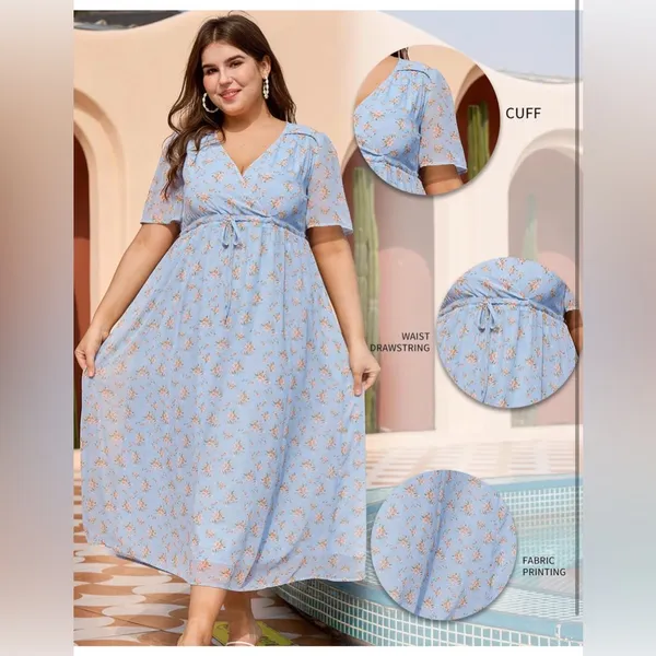 NEW Plus Size Wrap Floral Maxi Dress Short Sleeves Casual Maxi Dresses 3X - Image 3