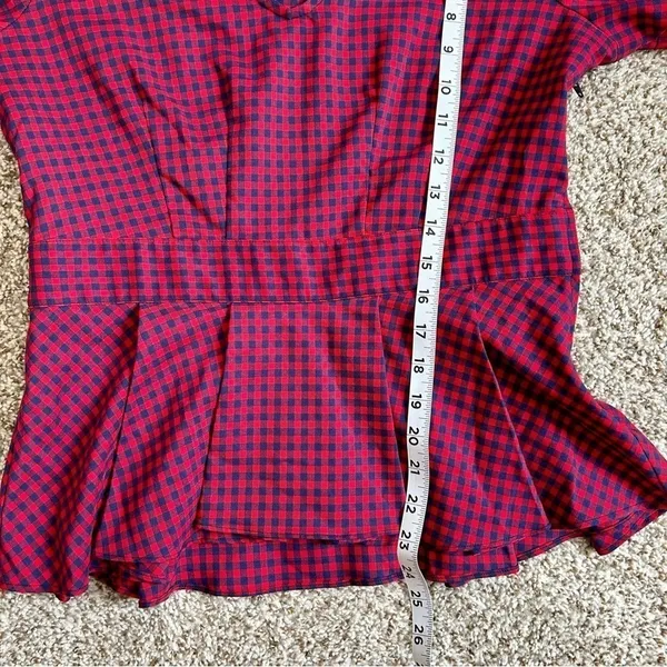 🦋 Allison Joy Red Blue Plaid Puff Sleeve Balloon Long Sleeve Peplum Blouse - Image 8