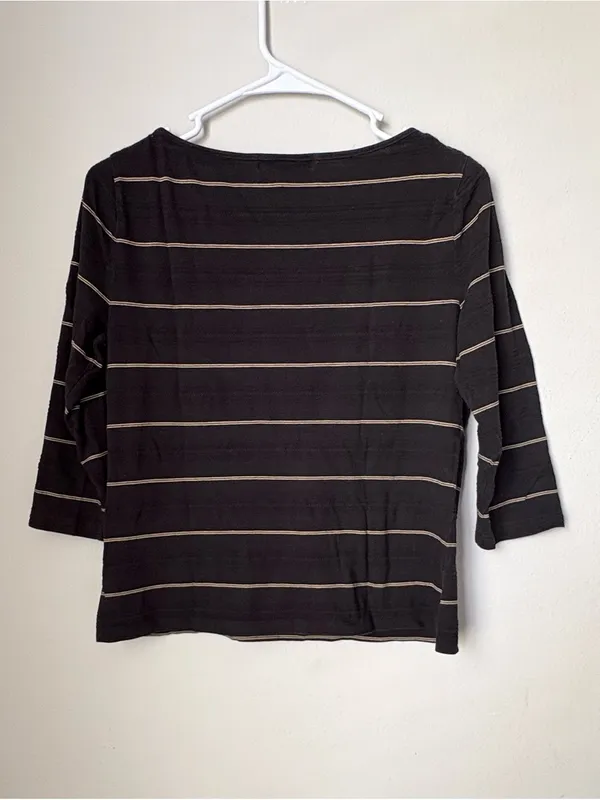 Lauren Ralph Lauren Petite P/M Black Gold Striped 100% Cotton Top - Image 2