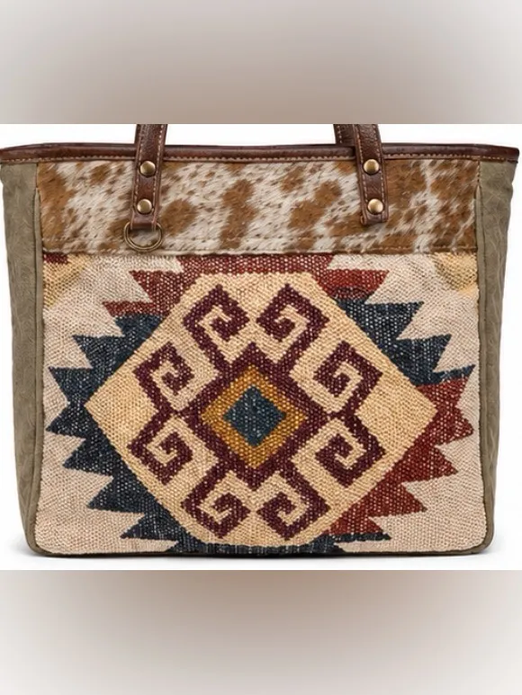 Myra Bag Southwestern Woven Rug Hair-On Hide Canvas Leather Tote - Image 4