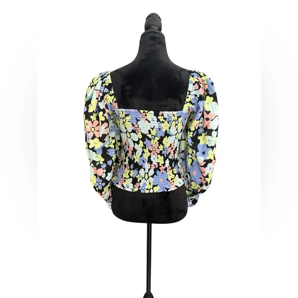 Free People Smocked Floral Puff Sleeve Top‎ XS – Square Neck Black Multicolor - Image 7