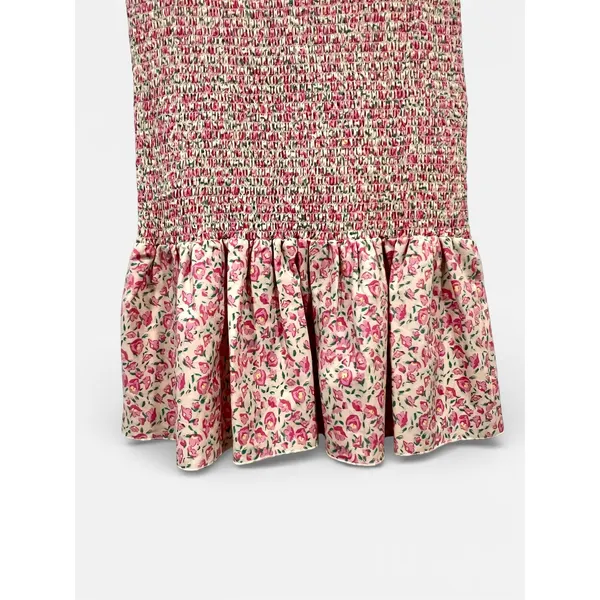 Smocked Pink & White Floral Puff Sleeve Prairie Cottagecore Maxi Dress S - Image 4