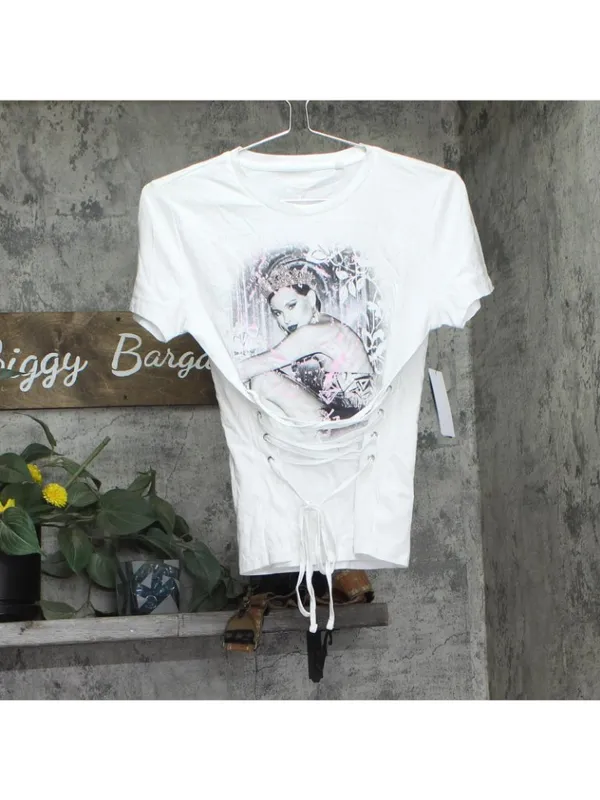 NWT GUESS Eco Short Sleeve Lace-Up Graphic Corset Tee W5RI32K9RM1 Pure White XS - Image 5