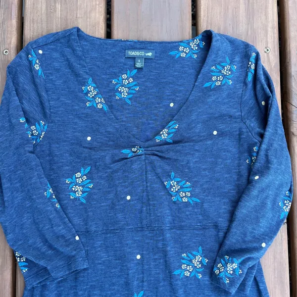 Toad & Co Dress‎ Blue Floral Polka Dot V-Neck Empire Waist 3/4 Sleeve Small - Image 3