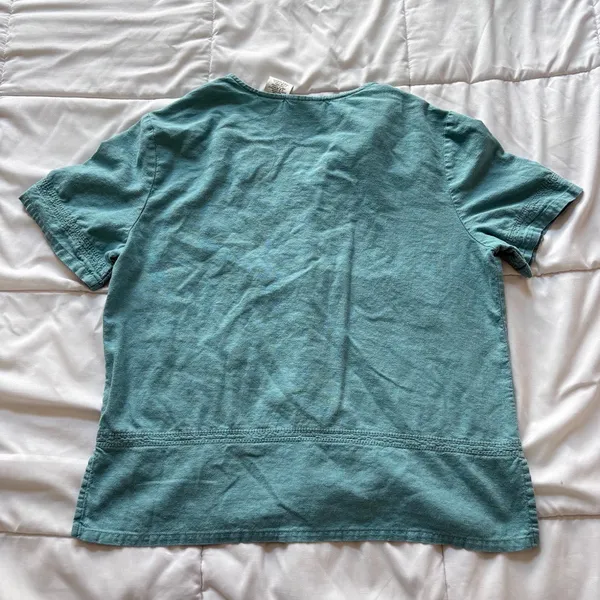Vintage 80s Kathie Lee Teal Linen Blend Button Front Top Short Sleeve Large Y2K - Image 5