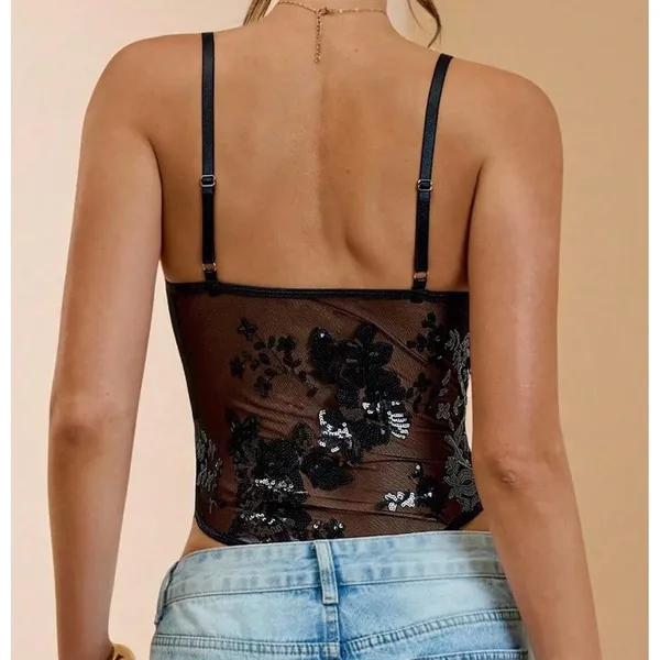 NWT MakeMeChic Sequin Mesh Bodysuit Black Floral Glitter Cami Small - Image 2