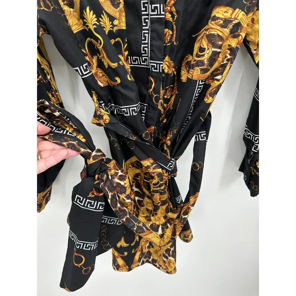 Love Highlight Women Baroque Leopard Print Mini Shirt Dress Black Gold Sz M - Image 9