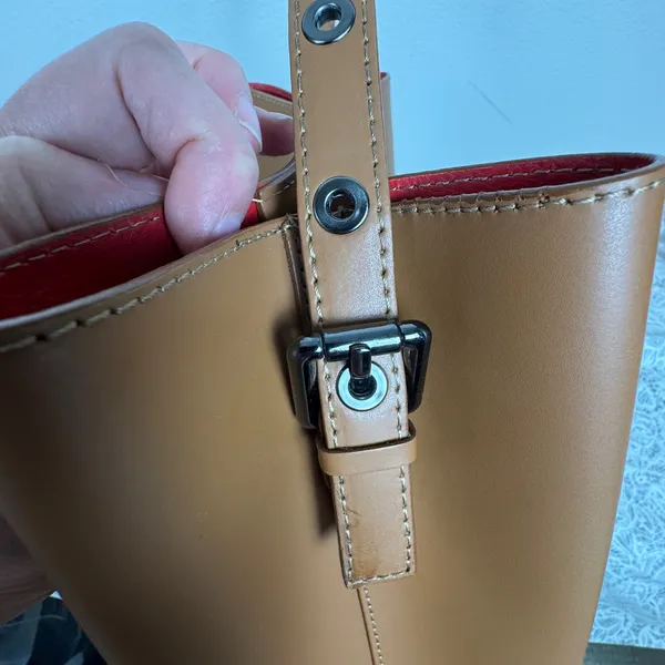 Made in Italy Cognac Leather Structured Tote Bucket Bag Purse Minimalist Classic - Image 3