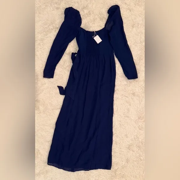 NWT REFORMATION Navy Blue Theo Wrap Sweetheart Long Puff Sleeve Midi Dress sz 2 - Image 7