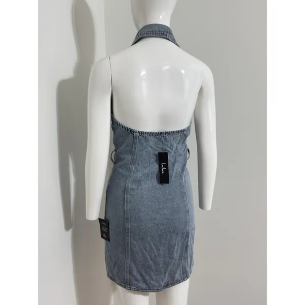 NWT Lulus Denim Buttons Mini Dress Halter Open Back Y2K Women’s XS - Image 6