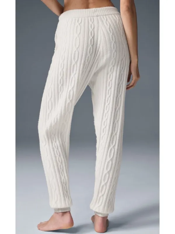 Alo Cable Knit Winter Bliss Pants Ivory High-Rise Waist Chunky Sweater Joggers S - Image 2