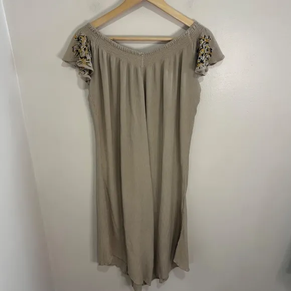Free People Embroidered Wide Leg Jumpsuit Taupe Beige Boho Smocked Small - Image 3