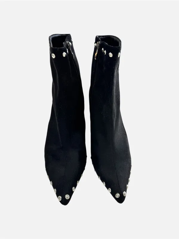 Black Faux Suede Studded Pointed Toe Block Heel Ankle Boots Size 10 10.5 42 - Image 4