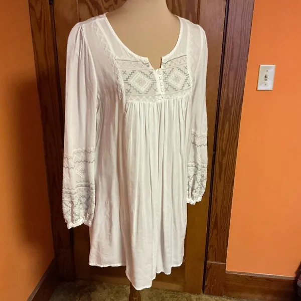 Mollorello White Embroidered Boho Tunic Top Peasant Babydoll Blouse Cottagecore - Image 6